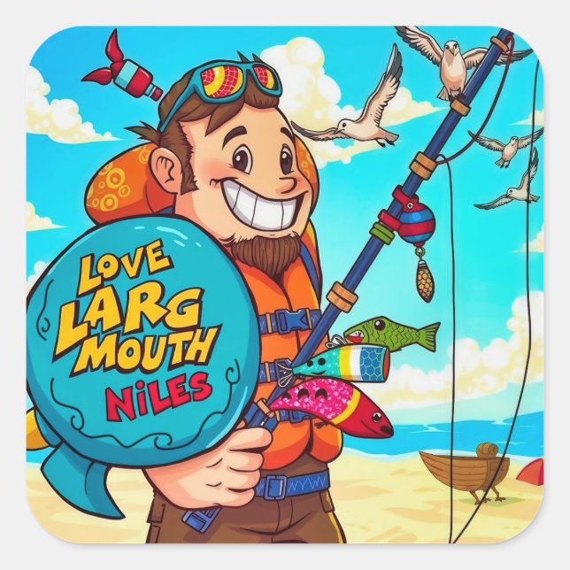 Sticker Carré Rencontrez Niles le passionné de pêche ! (Devant)