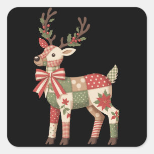 Sticker Carré Renne en patchwork broderie de Noël Animal