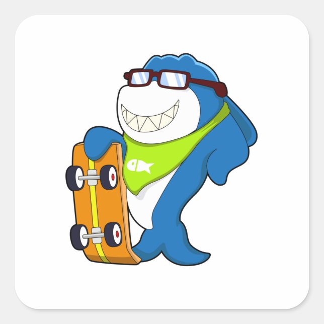 Sticker Carré Requin comme patineur avec skateboard (Devant)