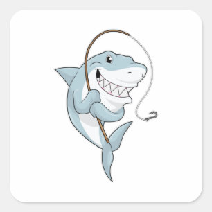 Sticker Carré Requin comme pêcheur avec canne à pêche