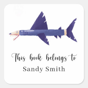 Sticker Carré Requin-crayon - Ce livre appartient à