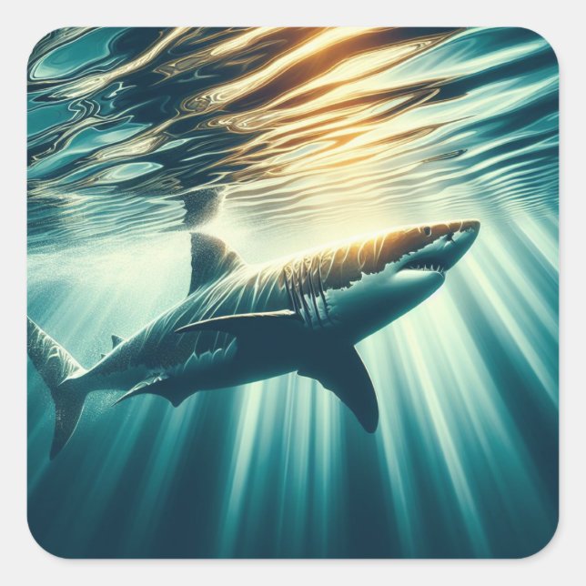 Sticker Carré Requin dans la mer bleue profonde & soleil (Devant)