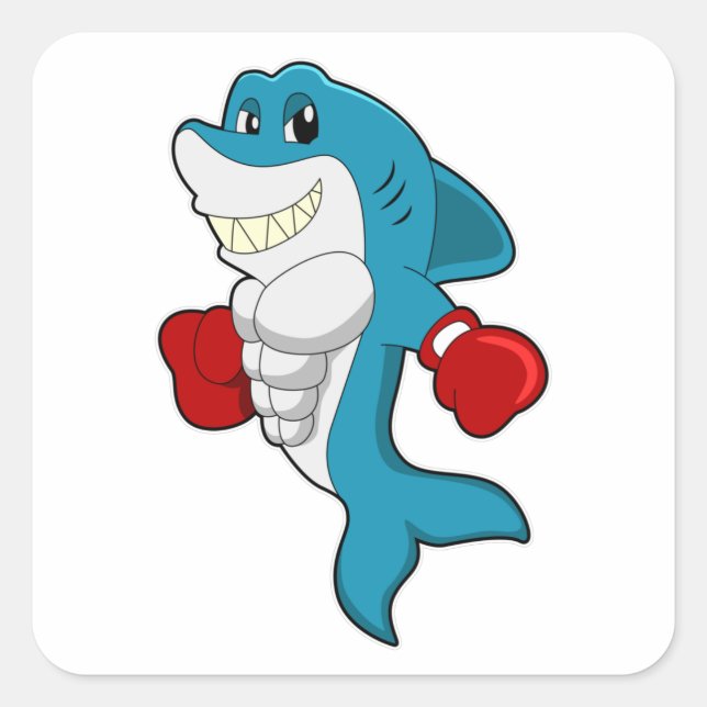 Sticker Carré Requin en boîte avec gants de boxe (Devant)