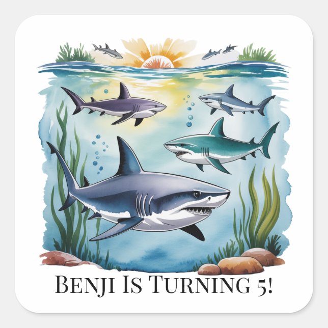 Sticker Carré Requin sous la mer Garçon Anniversaire (Devant)