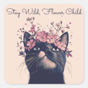 Sticker Carré Restez à l'abri, chat d'enfant à fleurs Floral Boh
