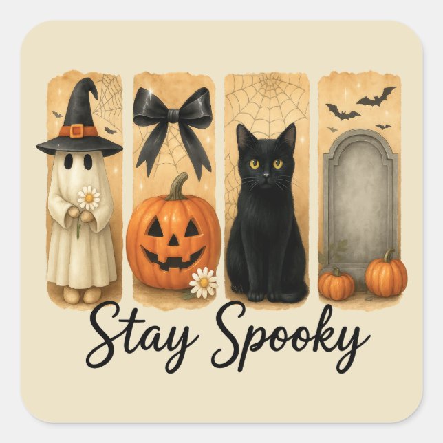 Sticker Carré "Restez Éffrayant" Halloween Brosse Stroke Chat (Devant)