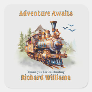 Sticker Carré Retraite Aventure Train Vintage Montagnes