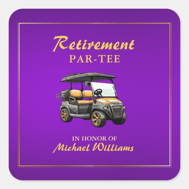 Sticker Carré Retraite Elégant thème de golf Panier Purple Gold (Devant)