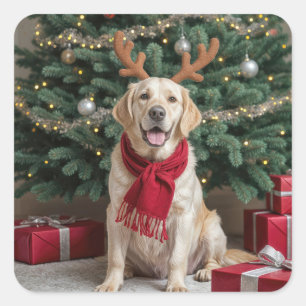 Sticker Carré Retriever Labrador de Noël avec Antlers