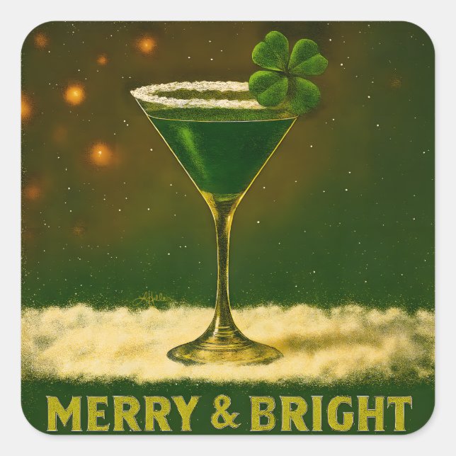 Sticker Carré Retro 50s 4 Leaf Clover Irish Christmas Martini (Devant)