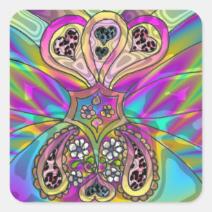 Sticker Carré Retro 60s Coeurs psychédéliques Fleurs Cadeaux Vêt