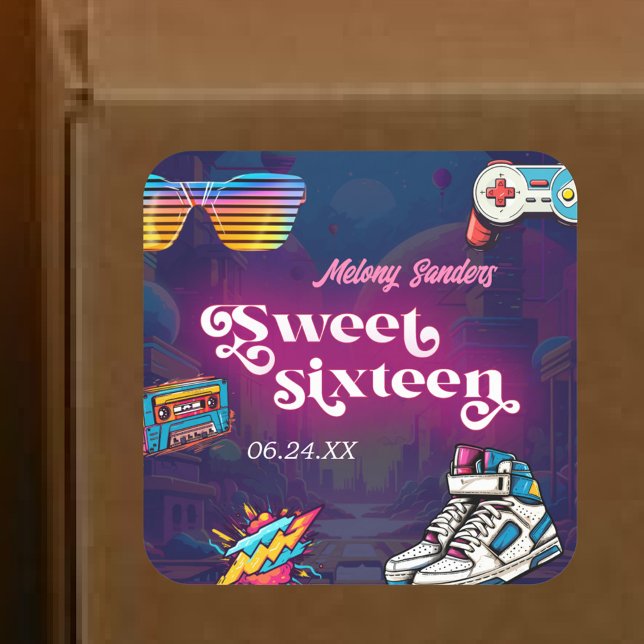 Sticker Carré Retro 80's Sweet 16 fête d'anniversaire (Créateur téléchargé)