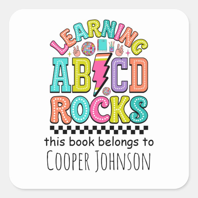 Sticker Carré Retro abc ce livre appartient à la bibliothèque po (Devant)