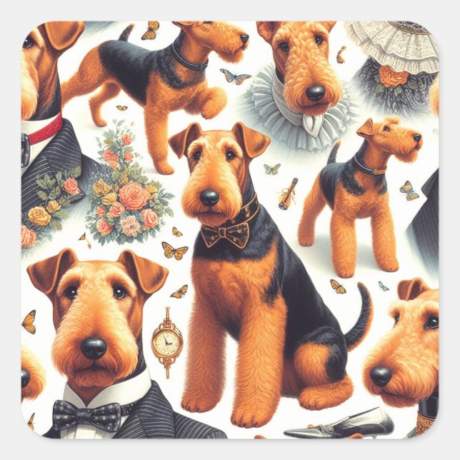 Sticker Carré Retro Airedale Terrier sans fil (Devant)