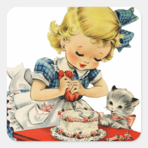Sticker Carré Rétro Anniversaire Fille Cake Cat Enfants Artwork