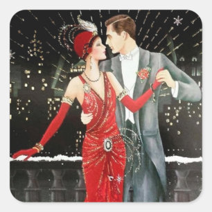 Sticker Carré Retro Art déco couple de Noël Art déco vintage