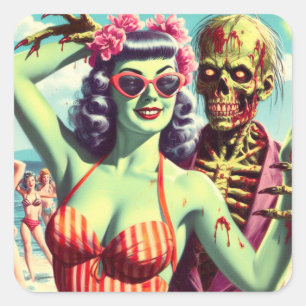Sticker Carré Retro Beach Zombie Pin Up