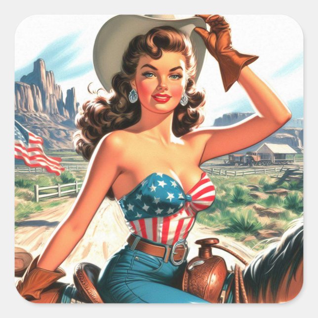 Sticker Carré Retro Belle Cowgirl Pin Up (Devant)