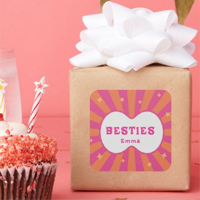 Sticker Carré Retro Besties Pink & Orange Sunburst Personalized  (Fête)