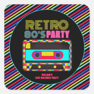 Sticker Carré Retro Black Neon Cassette Tape 80s Anniversaire
