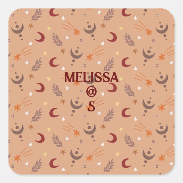 Sticker Carré Retro Brown Boho Whimsical Personnalisé Anniversai (Devant)