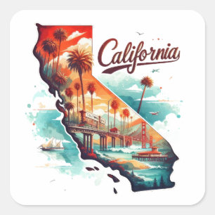 Sticker Carré Retro California USA Carte Voyage Souvenir