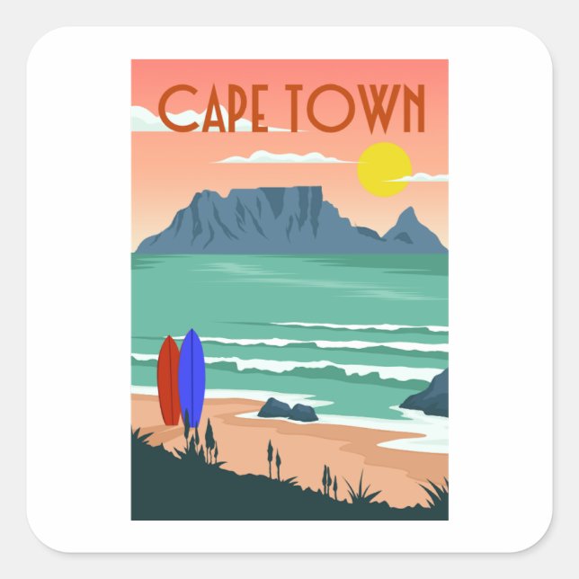 Sticker Carré Retro Cap Afrique du Sud Table Mountain Art (Devant)