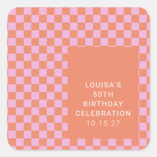 Sticker Carré Retro Checkerboard rose Orange Personnalisé Annive