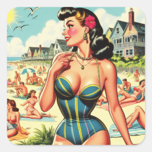 Sticker Carré Retro Classic Beach Pin Up