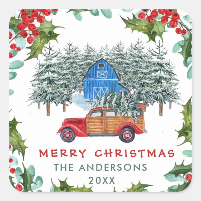 Sticker Carré Retro Classic Rustic Joyeux Camion Rouge Noël (Devant)