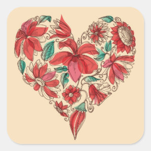 Sticker Carré Rétro coeur de symbole d'amour de fleurs