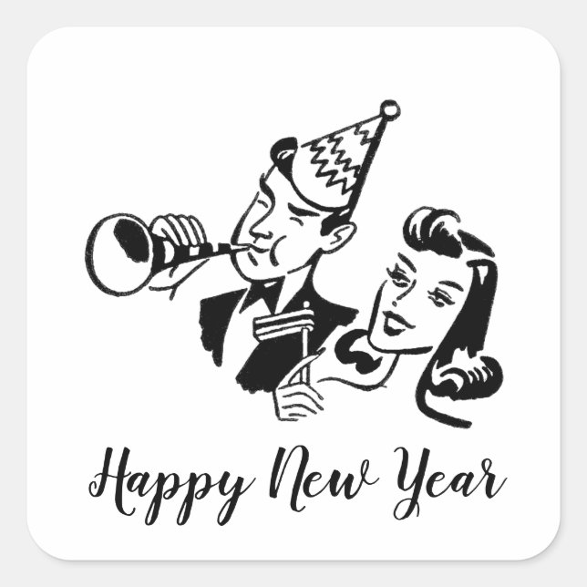 Sticker Carré Retro Couple Bonne Année (Devant)