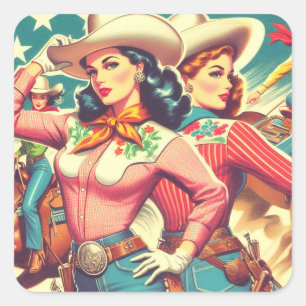 Sticker Carré Retro Cowgirls Pin-ups