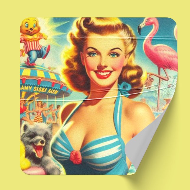 Sticker Carré Retro Cute Kitsch Girl (Créateur téléchargé)