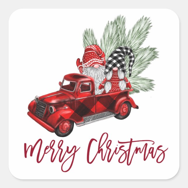 Sticker Carré Retro Gnomes Noël Buffalo Red Truck Holiday (Devant)