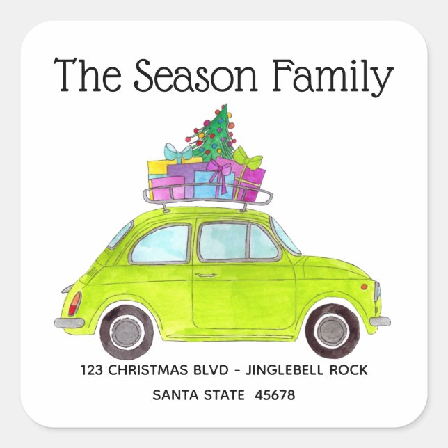 Sticker Carré Retro Green Fiat 500 avec cadeaux de Noël (Devant)