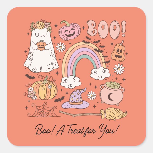 Sticker Carré Retro Halloween Ghost Citrouille Spider Web Witder (Devant)