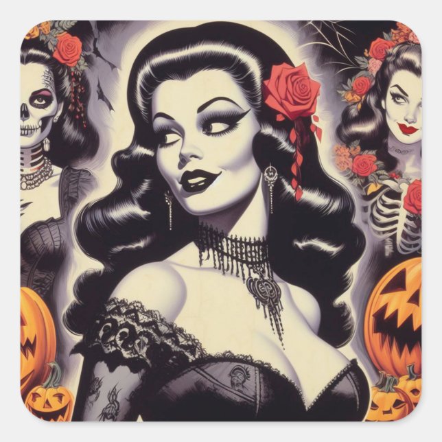 Sticker Carré Retro Halloween Goth Pin-up (Devant)