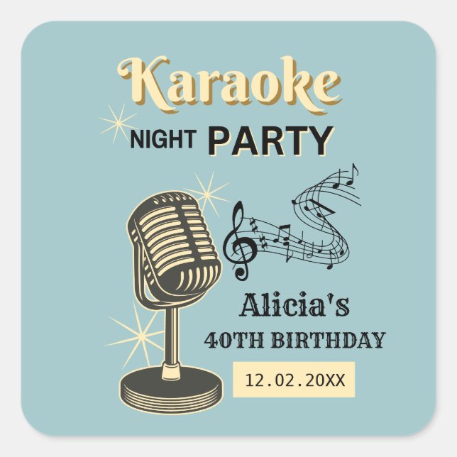 Sticker Carré Retro Karaoke Night Party Turquoise & Crème Annive (Devant)