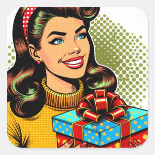 Sticker Carré Retro Lady tenant un cadeau d'anniversaire