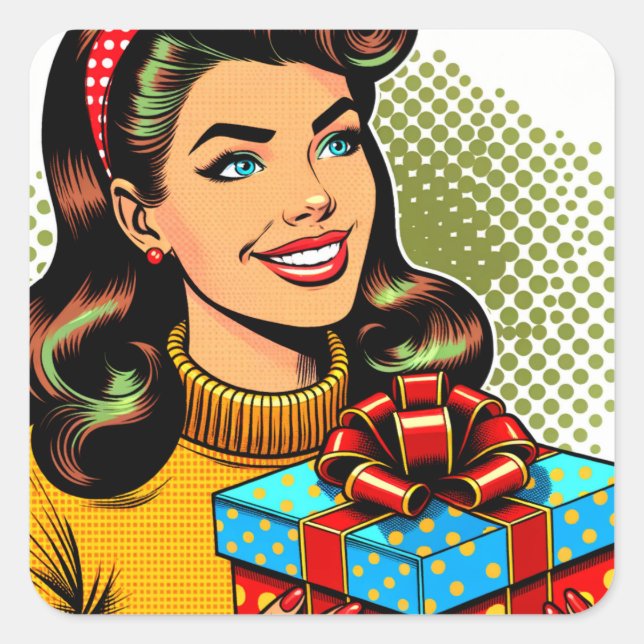Sticker Carré Retro Lady tenant un cadeau d'anniversaire (Devant)