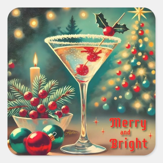 Sticker Carré Retro les années 50 Merry Bright Christmas Cocktai (Devant)