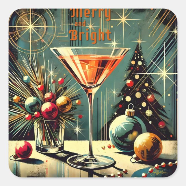 Sticker Carré Retro les années 50 Merry & Bright Christmas Marti (Devant)