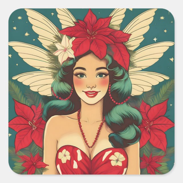 Sticker Carré Retro les années 50 Tropical Christmas Pin-Up Girl (Devant)