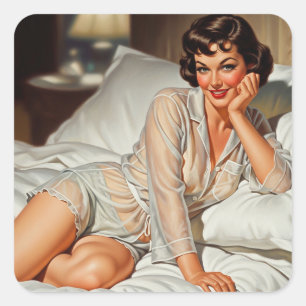Sticker Carré Rétro Mignonne Femme '50 Pin-up