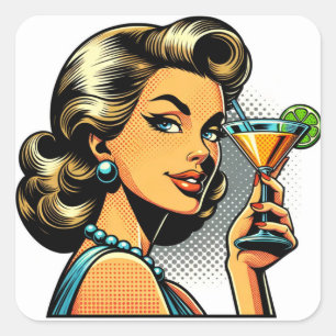 Sticker Carré Retro Pop Art Lady avec Cocktail Bravo
