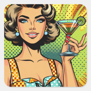 Sticker Carré Retro Pop Art Woman avec Cocktail   Bravo