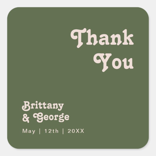 Sticker Carré Rétro simple | Olive Green Merci mariage Faveur (Devant)