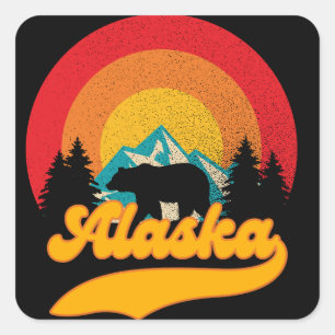 Sticker Carré Retro Sunset Alaska Juneau Bear Mountains Wild AK
