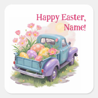 Sticker Carré Retro Teal & Purple Truck with Easter Eggs